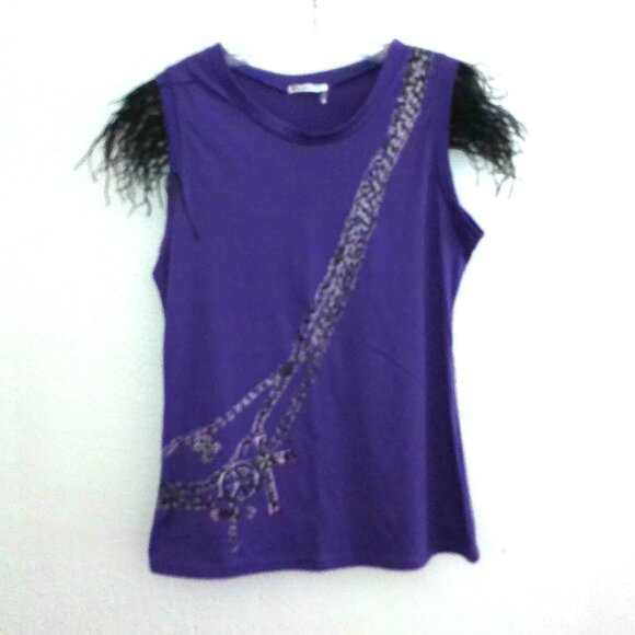 Gioia Fashion, Purple tank top, with animal prints and feather design - Picture 2 of 9